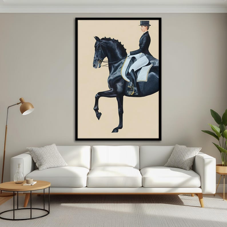 May include: A framed art print depicts a black horse in a dressage pose with a rider in formal attire. The artwork features a black frame and a neutral background, creating a classic equestrian theme.
