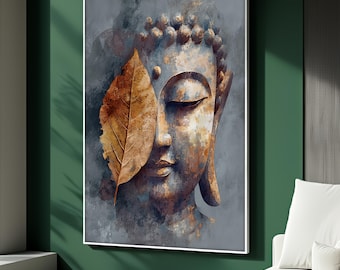 May include: A framed canvas art print featuring a serene Buddha head with a large, dried leaf partially obscuring the face. The artwork uses muted tones of gray, brown, and gold, creating a calming and contemplative atmosphere. The print is displayed against a dark green wall.