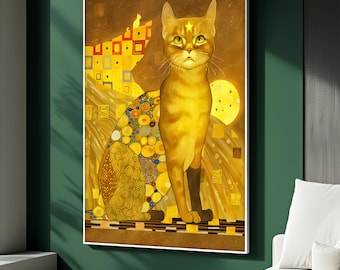 May include: A framed art print featuring a stylized golden cat with a star on its head, set against a backdrop of geometric shapes and a full moon. The artwork is in a warm color palette of gold, brown, and yellow.