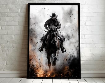 Wild West Cowboy Art Print, Dynamic Horse Rider Scene, Cowboy Poster, Western Wall Decor Canvas Painting, Unique Gift