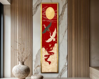 May include: A vertical rectangular artwork featuring a red background with a gold frame. The artwork depicts a golden sun, white clouds, and several cranes in flight. The cranes are white and dark gray. The artwork is a decorative piece.