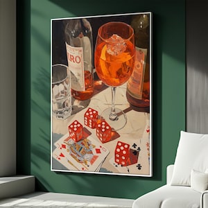 May include: A painting of a still life featuring a glass of orange liquid with ice, bottles, playing cards, and red dice. The scene is set on a white tablecloth with a dark background. Playing cards show a Jack of Diamonds and other suits.