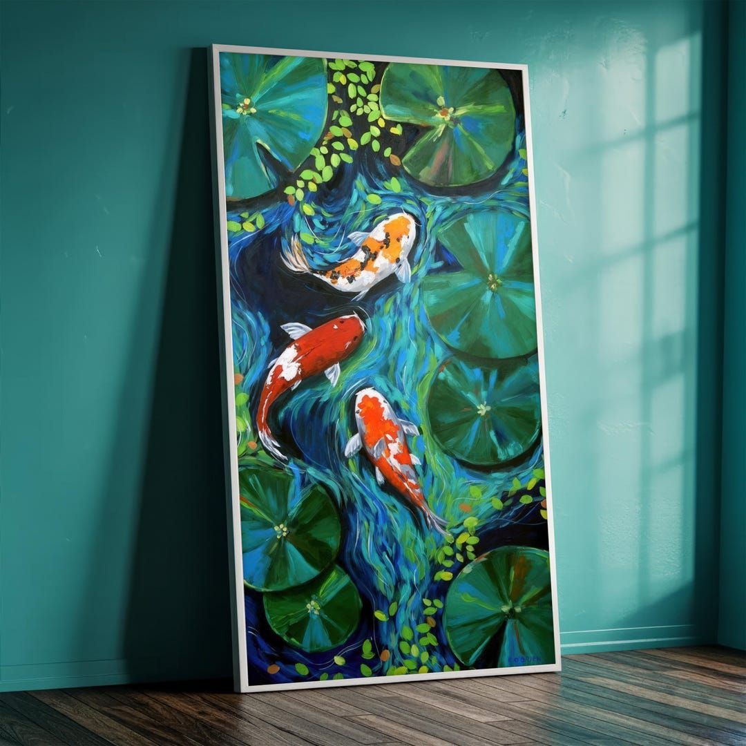 Koi Fish Canvas Wall Art, Japanese Pond Painting, Water Lily Wall Decor ...