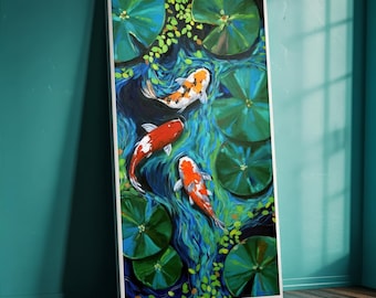 May include: A framed painting depicts koi fish swimming in a pond with lily pads. The fish are orange, white, and black, set against a backdrop of blue water and green lily pads. The artwork is displayed on a wooden floor.