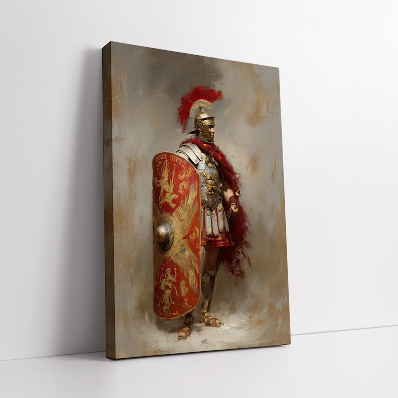 May include: A canvas print depicts a Roman legionary in full armor. The artwork features a red and gold shield, a helmet with a red plume, and a red cloak. The legionary is standing in a neutral pose against a muted background.