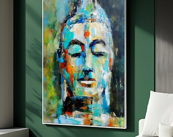 May include: A framed abstract painting of a Buddha's face. The artwork features a serene expression with closed eyes, rendered in a palette of blues, greens, oranges, and whites. The painting is displayed on a green wall.