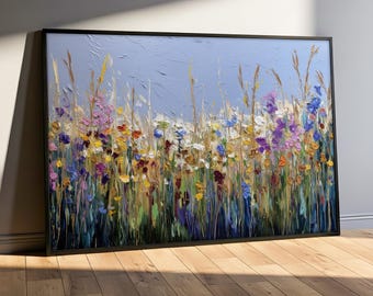 Colorful Wildflower Canvas Painting, Vibrant Floral Wall Art Print, Summer Meadow Scene, Bright Nature Decor, Flower Gift Idea