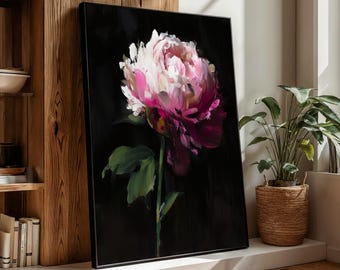 Pfingstrose Blumen Leinwand Gemälde, dunkle Blumenwandkunst mit rosa und weißen Blütenblättern, elegante botanische Kunst für Wohnzimmer, fertig zum Aufhängen