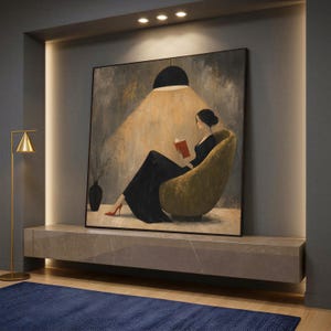 May include: A square wall art painting depicting a figure in a long black dress sitting in a curved olive green armchair, reading a red book under a pendant light. The background features a textured grey wall and a black vase with thin branches.