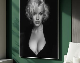 Marilyn Monroe kanvasmålning, klassisk svartvit väggkonst, glamoröst vintage Hollywoodporträtt för sovrumsinredning, elegant konstgåva