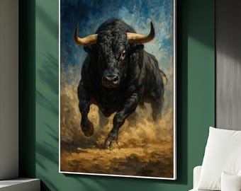 May include: A framed painting depicts a charging black bull with large horns. The bull is running through a cloud of dust, set against a blue and brown background. The artwork is displayed on a green wall.