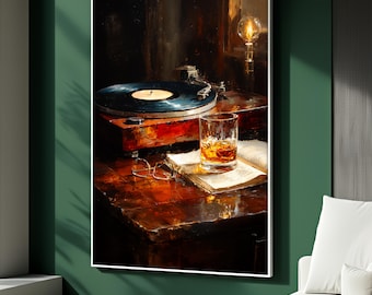 Puede incluir: Pintura enmarcada que representa un tocadiscos vintage con un disco de vinilo, un vaso de líquido ámbar y unas gafas sobre una superficie de madera. La obra de arte tiene una paleta de colores cálidos y una iluminación suave.