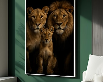 May include: A framed art print featuring a lion family portrait. The artwork depicts a lion, two lionesses, and a cub, all with golden-brown fur, set against a black background. The print is displayed on a green wall.