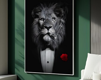 May include: Black and white portrait of a lion wearing a tuxedo, smoking a cigar, and sporting a red rose. The lion's face is detailed, with a scar visible. The artwork is framed in a white border, creating a striking contrast against the dark background.
