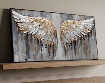 Gold Angel Wings Canvas Art, Luxury Wing Wall Art, Grey and White Feather Artwork, Elegant Angel Gift, Modern Home Wall Decor
