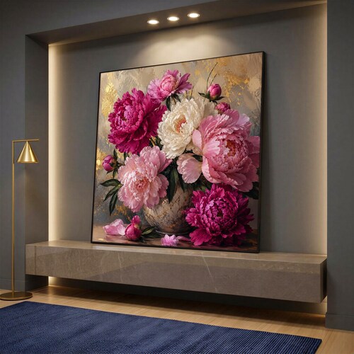 Pink Peony Canvas Painting, Floral Bouquet Print, Peony Flower Wall Decor, Botanical Artwork, Romantic Living Room Decor, Floral Lover Gift