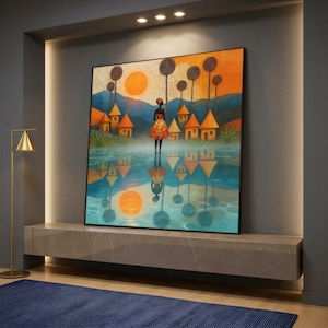 Stampa su tela di un villaggio al tramonto, opera d'arte di una ragazza africana in riva all'acqua, decorazione colorata con riflessi di lago per il soggiorno, caldo paesaggio boho, regalo