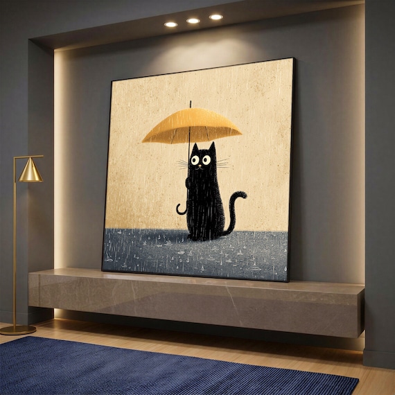 Black Cat Canvas Wall Art, Cute Rainy Day Umbrella Print, Whimsical Animal Painting for Cozy Kids Room & Modern Home Decor, Ready to Hang