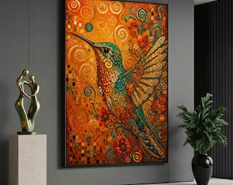 Gustav Klimt Style Hummingbird Canvas Painting, Colorful Bird Wall Art, Orange Floral Artwork, Gold Spiral Decor, Home Decoration, Gift Idea