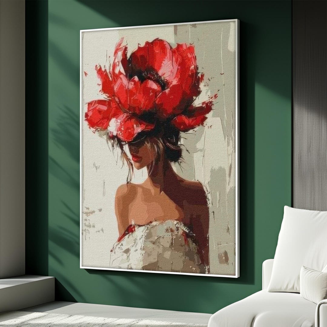 Elegant Female Canvas Painting, Red Flower Woman Wall Art, Chic Home ...