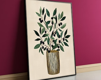 Black Olive Tree Canvas Painting, Mediterranean Kitchen Wall Art, Botanical Print, Rustic Herb Decor, Olive Plant Gift Artwork
