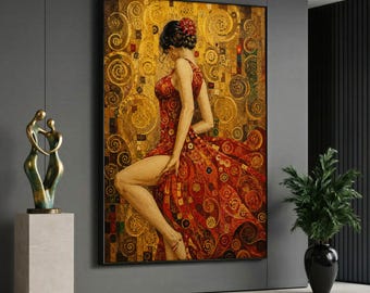 Gustav Klimt Style Flamenco Dancer Canvas Painting, Spanish Woman Wall Art, Gold Spiral Artwork, Elegant Female Decor, Art Lover Gift