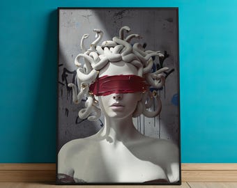 Modern Mythology Wall Decor, Medusa Sculpture Art Print, Bold Snake Hair Artwork, Luxury Greek Aesthetic Canvas, Unique Gift