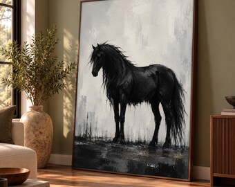 Black Horse Painting, Monochrome Equine Canvas Print, Minimalist Equestrian Wall Art, Dark Stallion Artwork, Ranch Decor, Horse Lover Gift