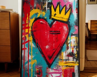 Urban Graffiti Heart Canvas Art, Red Crown Street Wall Decor, Modern Abstract Love Artwork, Colorful Pop Style, Unique Gift