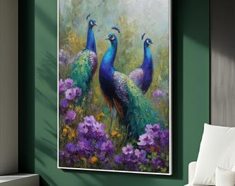 Peacock Canvas Painting, Elegant Blue and Green Wall Art with Purple Flowers, Modern Animal Decor for Living Room, Unique Gift