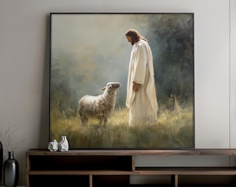 Jesus and the Lost Sheep Canvas Painting, Christian Wall Art, Good Shepherd Religious Artwork, Stylish Home Decor, Faith Based Gift