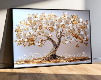 May include: A framed art print featuring a stylized tree with white blossoms and gold-colored leaves. The tree trunk is brown and twisted, with a gold base and small white flowers at the base of the tree. The artwork is set against a light background.