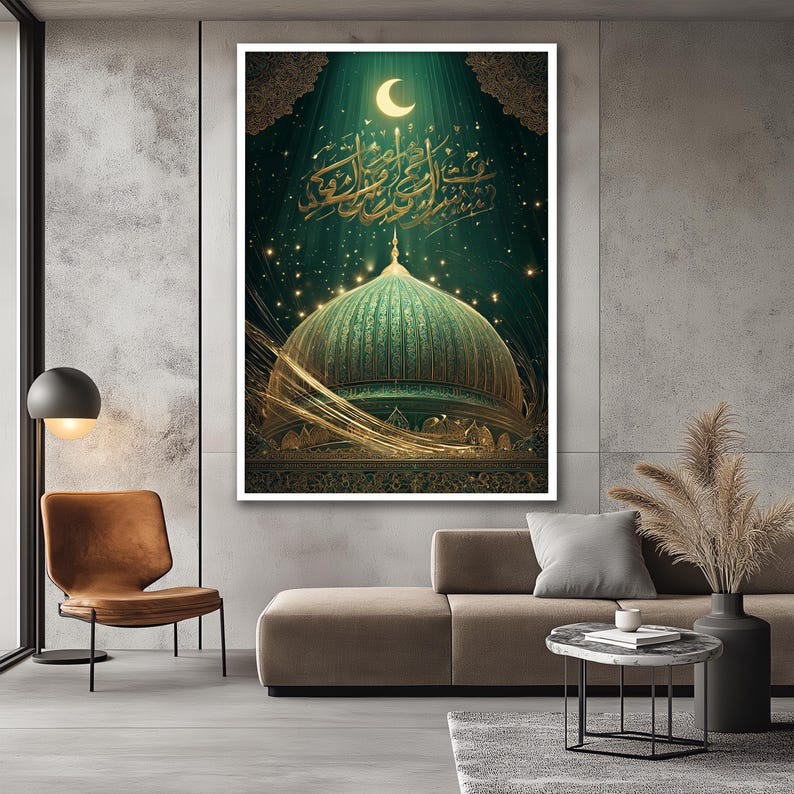 May include: An artistic print featuring a mosque dome with intricate detailing, rendered in shades of green and gold. The artwork includes Arabic calligraphy, a crescent moon, and a starry night sky, creating a spiritual and decorative piece.
