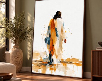 Abstract Jesus Canvas Painting, Modern Christian Wall Art, Orange Blue Savior Print, Religious Artwork, Faith Home Decor, Spiritual Gift