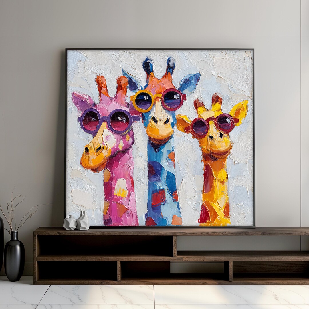 Colorful Giraffe Canvas Painting With Sunglasses, Funny Animal Wall Art ...