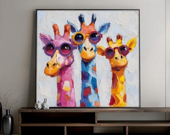 Colorful Giraffe Canvas Painting with Sunglasses, Funny Animal Wall Art, Vibrant Safari Decor, Gift for Kids Room or Nursery, Ready to Hang
