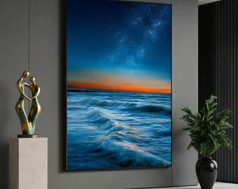 Ocean Sunset Canvas Wall Art, Starry Night Seascape Print, Blue Wave Beach Artwork for Bedroom, Living Room, Coastal Home Decor Gift