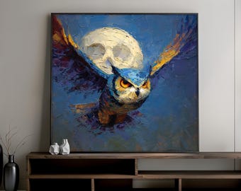 Flying Owl Canvas Print with Full Moon, Night Wildlife Wall Art in Blue Tones, Dynamic Animal Decor, Interior Decor, Perfect Gift