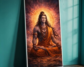 May include: A framed artwork depicts a meditating figure in orange robes, seated in a lotus position. The figure has long dark hair, a crescent moon on the forehead, and multiple beaded necklaces. A golden halo surrounds the figure, set against a fiery background.