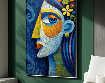 Colorful Abstract Woman Canvas Painting, Modern Cubist Wall Art in Blue and Yellow, Geometric Female Portrait Decor, Perfect Gift