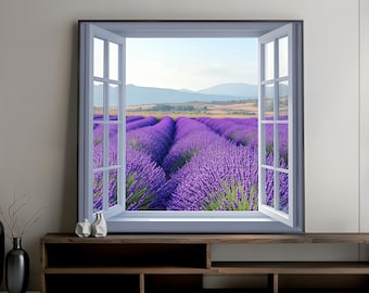 Lavender Field Canvas Painting Through Window View, Purple Flower Landscape Wall Art, Scenic Nature Decor, Peaceful Gift Idea