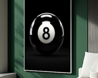 Eight Ball Canvas Painting, Black And White Pool Wall Art, Minimalist Game Room Decor, Modern Billiard Artwork, Sleek Design, Perfect Gift