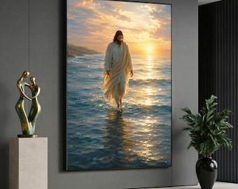Cuadro de Jesús caminando sobre el agua, arte cristiano para pared, decoración religiosa para el hogar, obra de arte de amanecer en el océano, listo para colgar, regalo inspirador de fe.