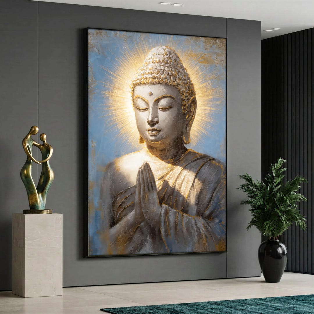 Blue Gold Buddha Canvas Wall Art, Vertical Meditation Print, Peaceful ...