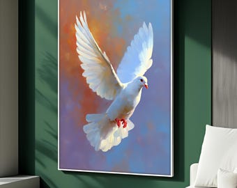 May include: A framed painting of a white dove in flight, wings spread wide. The bird has a red beak and feet, set against a backdrop of orange, blue, and purple hues. The artwork is displayed on a green wall.