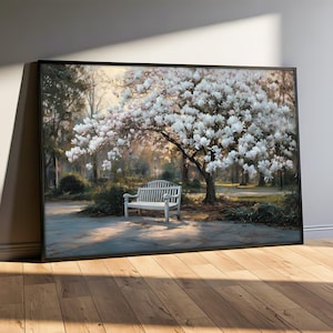 Magnolia Blossom Canvas Wall Art, Spring Garden Landscape Painting, Romantic Park Bench Artwork, Floral Tree Print, Ready to Hang, Gift Idea