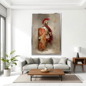 May include: A framed artwork depicting a Roman soldier in full armor. The painting features a red and gold shield, a red cape, and a helmet with a red plume. The soldier is standing in a neutral pose against a muted background.