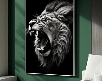 May include: Black and white framed print of a roaring lion. The lion's open mouth reveals sharp teeth and a long tongue. The artwork is displayed on a green wall next to a white chair.