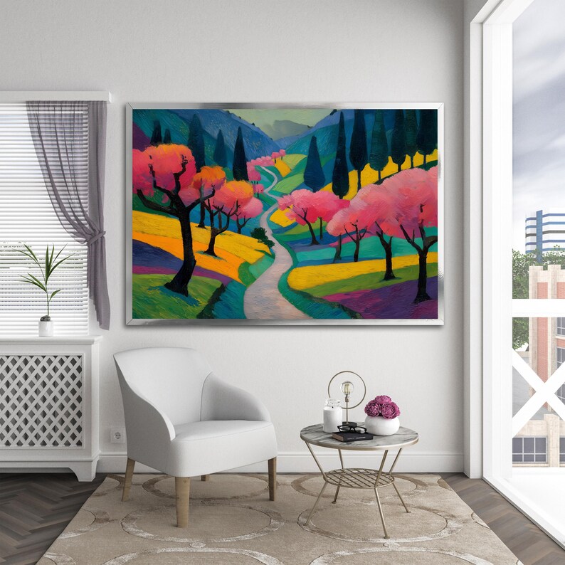 Spring Bloom Canvas Colorful Landscape Canvas Art, Pink Blossom Trees Artwork, Modern ...
