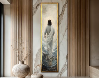 Jezus loopt op het water canvas schilderij, christelijke muurkunst, spiritueel religieus kunstwerk, verticaal hoog canvas, op geloof gebaseerd cadeau-decor